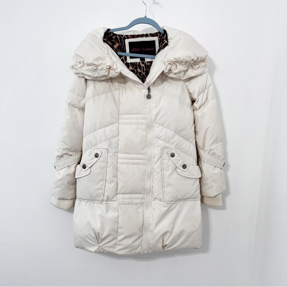 Betsey Johnson Puffer Jacket Heavy Down Fill Coat Ivory Cream Shawl Collar Midi